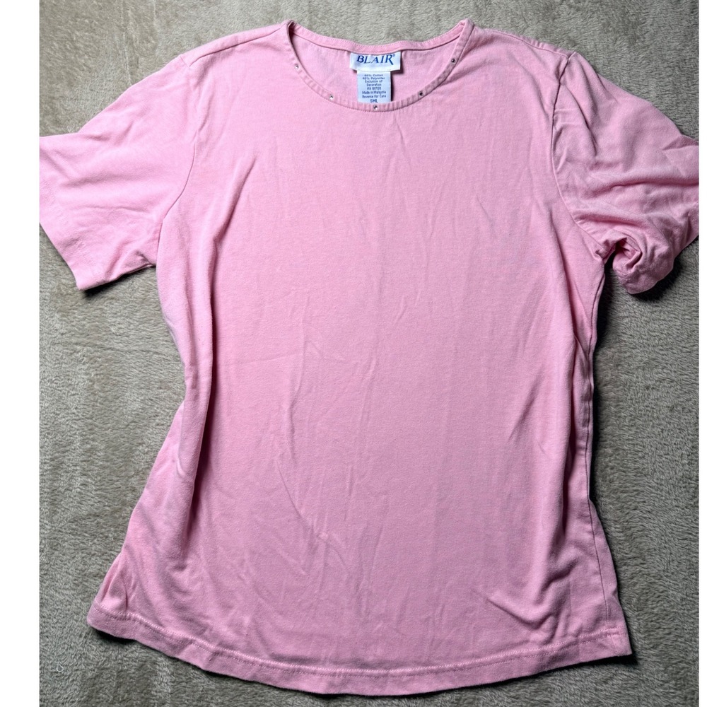 Blair Womens Pink Rhinestone Neckline Short Sleeve T-Shirt Size Small